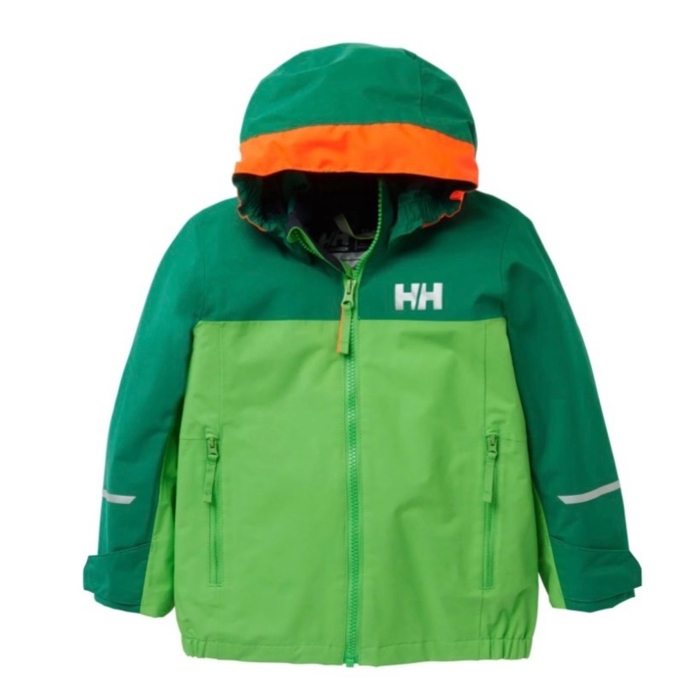 Helly Hansen Shelter 2.0 Green and Orange Kids Colorblock Hooded Rain Jacket